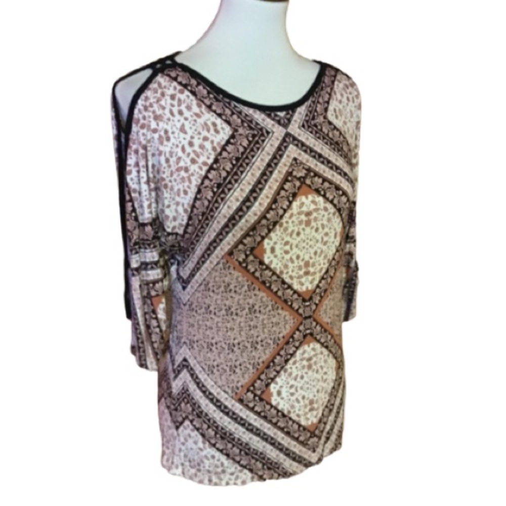 Rose & Olive patchwork print cold shoulder top